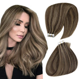 Hetto Tape in Hair Extensions 22Inch Darkest Brown #2 Highlighted #8 Light Brown 100% Real Human Hair Tape in Seamless Tape in Extensions Natural Hair 50Gram Per Package