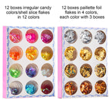 Gold Foil for Nail Art - 24 Boxes Gold Silver Foil Chip Paillette Flake Shell Foil Slice Paillette Stickers Glitter Accessories for Nail Art Design Manicure Decorations Supplies, with Tweezer