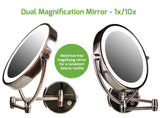 Ovente Wall Mount Makeup Beauty 9.5 Inch 1X Vanity Mirror LED Lights, 10X Magnification, Double Sided 360 Rotation, Option of AA Batteries or USB Adapter Powered, Antique Brass MLW45AB1X10X