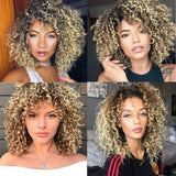 N&T Short Afro Curly Wig with Bangs Heat Ombre Blonde Resistant Wigs for Black Women Heat Resistant Synthetic Fiber Hair (14 inch)