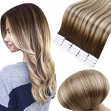 Full Shine Tape in Hair Extensions Remy Human Hair 12 Inch Glue in Hair Extensions 3 Dark Brown Fading to Ash Brown and Blonde Seamless Tape in Hair Double Sided