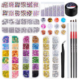 Nail Gems and Rhinestones, Thrilez 4 Boxes Nail Art Rhinestones with 120 Pcs AB Crystal Nail Jewels Diamonds, 1728 Pcs Flatback Nail Rhinestones and 12 Pots Foil Flakes Glitter for Acrylic Nails