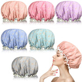 6 Pieces Woman Shower Caps Waterproof Bath Cap Double-layer Bath Hat Bathing Shower Caps for Women to Cover Long and Thick Hair