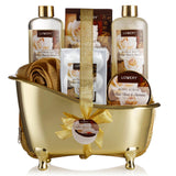 Home Spa Gift Basket, Luxury 13 Piece Bath & Body Set For Men & Women, White Rose & Jasmine Fragrance with Shower Gel, Bubble Bath, Body Scrub, Bath Salts, 6 Bath Bombs, Pouf, Cosmetic Bag & Gold Tub