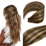 Vivien Tape in Hair Extensions Human Hair, 20inch 50g 20pcs Ombre Chocolate Brown to Caramel Blonde Tape Hair Extensions Long Seamless Tape in Real Human Hair Extensions Dark Brown