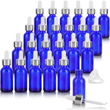 1 oz / 30 ml Cobalt Blue Glass Boston Round Bottle with Silver Metal and Glass Dropper (24 pack) + Funnel
