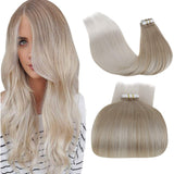 LaaVoo 22” Tape in Human Hair Extensions Blonde Balayage Skin Weft Natural Hair Extensions Tape in Blonde Straight Tape on Blonde Hair Extensions Invisible Ash Blonde Balayage Light Blonde 20pcs/50g