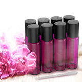 Essential Oil Roller Bottles [Metal Chrome Roller Ball] FREE Plastic Pippette, Funnel and Bottle Opener Refillable Glass Color Roll On for Fragrance Essential Oil - 10 ml 1/3 oz (8 PACK, PURPLE)