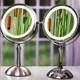 Ovente Table Top Makeup Mirror 7 Inch 1X, 8X Full View Magnification Cool White LED Lights, Distortion Free Design, Double-Sided, Battery Powered and 360 Degrees Rotation Nickel Brushed MDT70BR1X8X