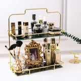 Z PLINRISE Makeup Organizer, 2 Tier Bathroom Cosmetic Storage Shelf for Dresser and Countertop, Decorative Wire Vanity Organizer Basket with Marbling Glass Tray, Gold