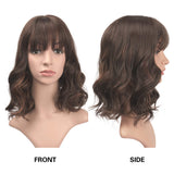 BARSDAR 14 Inch Wavy Bob Natural Wig With Bangs Synthetic Shoulder Length Pastel Curly hair Cosplay and Daliy life wig for women/girl- Medium Brown mix Light Auburn
