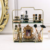 Z PLINRISE Makeup Organizer, 2 Tier Bathroom Cosmetic Storage Shelf for Dresser and Countertop, Decorative Wire Vanity Organizer Basket with Marbling Glass Tray, Gold