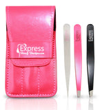 Express Beauty Boutique Tweezers 3pcs Set Pink Case Professional Quality Stainless Steel Precision Eyebrow Tweezer for Ingrown Hair Shaping Eyebrows.