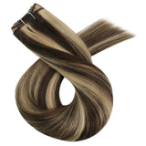YoungSee 16inch Weft Human Hair Extensions Dark Brown Highlight with Caramel Blonde Human Hair Weft Extensions Sew in Highlight Human Hair Extensions Hand Tied Human Hair Extensions 100grams