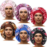 6 Pieces Extra Large Satin Bonnet Sleep Cap Night Hat Soft Satin Sleeping Cap 2.36 Inch Elastic Wide Band Hat for Girls Natural Hair, 6.5 Inch in Diameter, 6 Flower Patterns