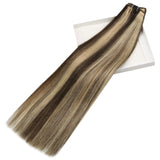 YoungSee 16inch Weft Human Hair Extensions Dark Brown Highlight with Caramel Blonde Human Hair Weft Extensions Sew in Highlight Human Hair Extensions Hand Tied Human Hair Extensions 100grams