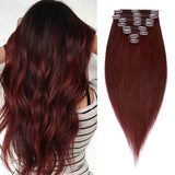 S-noilite Clip in Hair Extensions Real Human Hair Burgundy 8pcs 18 Clips 100g Full Head Clip on Human Hair Extension Soft Straight For Women (18Inch, 99J Wine Red)