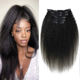 Vivien Natural Black Kinky Straight Clip in Hair Extensions 18 inches Off Black Clip in Human Hair Extensions Yaki Straight 7pcs Brazilian Human Hair Clip ins for Women 120G