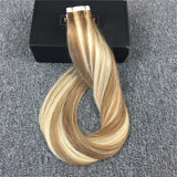 Reysaina 24inch Balayage Tape in Hair Extensions Ash Brown Hightlighted with Bleach Blonde 100% Remy Straight Brazilian Tape in Human Hair Extensions