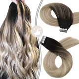 Moresoo Balayage Hair Extensions Ash Blonde Hair Extensions 18 Inch Tape in Hair Extensions Real Human Hair Black Ombre to Blonde Tape Extensions Adhesive Seamless Hair Extensions 20pcs/50g