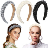 3 Pieces Padded Rhinestone Faux Pearl Beaded Headband Glitter Hairband Wedding Headpiece Wide Edge Headwear for Women Girls Party Supplies (Faux Pearl Style)