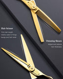Professional Barber Hair Cutting Scissors, OriHea Haircut Thinning Shears Set with Fine Adjustment Tension Screw, Japanese Stainless Steel 6.5 inch for Hairdressing, Home Salon - Gold