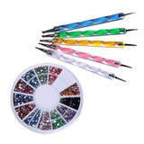 5 X 2 Way Marbleizing Dotting Pen Plus Glitter Rhinestone Wheel Round Set for Nail Art Manicure Pedicure