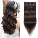S-noilite Clip in Hair Extensions Real Human Hair 8pcs 18 Clips 90g Full Head Clip on Human Hair Extension Soft Straight For Women (14 16 18Inch, 2 Dark Brown)