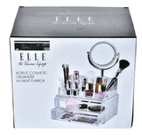 Elle Makeup Organizer with Mirror – Holder for Cosmetics & Jewelry with 15 Compartments Plus 2 Drawers in Clear Plastic