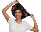 Double Layer Satin Large Bonnet Sleep cap Sliky bonnet Wide Elastic Band for Curly,Natural,Long Hair (Large size, Large black flower)