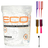 Eco Style Krystal Shine 32 oz Professional Hair Styling Gel (Including Double Sided Edge Control Hair Brush, 3 Piece Rat Tail Hair Comb Set & 2 pc Colorful Handle Nylon Bristles Brushes)