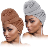 2 Pieces Stretch Head Wrap Scarf Stretchy Turban Long Hair Scarf Wrap Solid Color Soft Head Band Tie for Women (Brown, Light Gray)