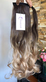 20" 22" Long One Piece Straight Curly Wavy Clip in Wrap around Ombre Ponytail Hairpieces (20" Curly - Chocolate brown to sandy blonde)