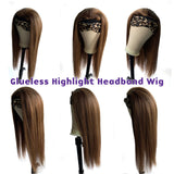 #4/27 Blonde Highlights Headband Wig Human Hair Beginner Friendly 20 Inch Silky Straight Brown with Blonde Balayage None Lace Front Wigs with Headbands Attached 150% Density