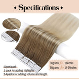 YoungSee Tape in Extensions Balayage Human Hair Platinum Blonde Mixed Light Brown Ombre Tape in Hair Extensions Human Hair 18 Inch 20pcs 50g
