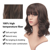 BARSDAR 14 Inch Wavy Bob Natural Wig With Bangs Synthetic Shoulder Length Pastel Curly hair Cosplay and Daliy life wig for women/girl- Medium Brown mix Light Auburn