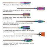 GreenLife Nail drill bits set 7pcs Long Tungsten Carbide Nail Drill Bits kit Remove Acrylic Poly Nail Gel Nail Polish 3/32" efile machine heads removing nail Cuticle Manicure Pedicure Colorful Rainbow