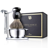 Miusco Men's Wet Shaving Kit, 4 Piece, Badger Hair Shaving Brush, Hand Polished Stainless Steel Shaving Stand, Shaving Bowl & Safety Razor
