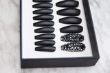 Impressed Luxury Press on Nails 24 pcs Long Fake Coffin Nail Tips Matte Black Rhinestone Design False Nails with Adhesive Nail Glue Tabs (Matte black)