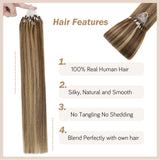 Easyouth Micro Ring Hair Extensions Human Hair Remy Hair Extensions Micro Loop Short Human Hair Micro Beads Extensions Dark Brown Mix Strawberry Blonde 40g 0.8/strand 12 Inch