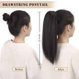BARSDAR Drawstring Ponytail Extensions, Short Straight Synthetic Pony Tail Clip in Ponytail Hair Extensions 14 inch Fluffy Yaki Hairpiece for Women Girls-Off Black