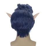Qaccf Short Curly Blue Mens Short Wavy Halloween Costume Wig with a Pair of Elf Ears (Adult)