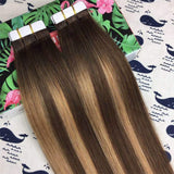 HIKYUU 22" 50g/20pcs Ombre Balayage Invisible Tape in hair Extensions Double Sided #4/27/4 Highlighted Caramel Extensions Tape in Brown Ombre Balayage with Dark Brown Roots