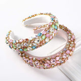Baroque Padded Headband Velvet Rhinestone Hair Hoop Handmade Elastic Crystal Headband for Women Wedding Bejewelled Statement Headband (Water drop drill(Blue))