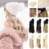 XBwig Beanie Hat With Hair Wigs For Women 20 inch Long Curly Wavy Synthetic Detachable Wig Warm Soft Ski Knitted Winter Cap With Black Pom Pom Dark Brown -Beige Hat