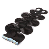 S-noilite 22" Body Wave Human Hair Tape in Extensions 100g 40pcs Invisible Seamless Weft Wavy Tape Extensions Real Hair Double Sided Rooted Remy Human Hair #1B Body Wave-Natural Black