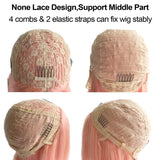Colored Bob Wigs Human Hair Middle Part Brazilian Virgin Real Hair Wigs 180% Density None Lace Frontal Machine Made Wigs No Glue No Gel Human Hair Bob Wig Silky Straight Peach Pink 14 Inch