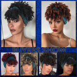 Aisaide Curly Wigs for Black Women,Headband Wigs with Bangs Wrap Wig 2 in 1 Synthetic Short Afro Kinky Curly Wig with Headband Attached Headwrap Wigs Drawstring High Afro Puff Brown Curly Wig Turban Wig