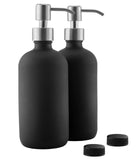 16oz Black Glass Bottles w/Stainless Steel Pumps (2-Pack); Black Coated Boston Round; Lotion, Hand Care & Soap Dispensers