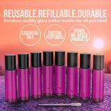 Essential Oil Roller Bottles [Metal Chrome Roller Ball] FREE Plastic Pippette, Funnel and Bottle Opener Refillable Glass Color Roll On for Fragrance Essential Oil - 10 ml 1/3 oz (8 PACK, PURPLE)